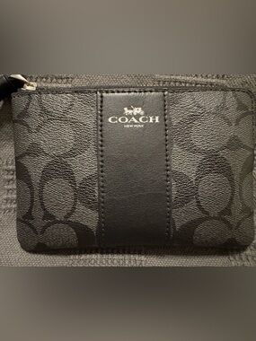 Coach Black Signature Corner Zip Small Zip Pouch with Leather Stripe